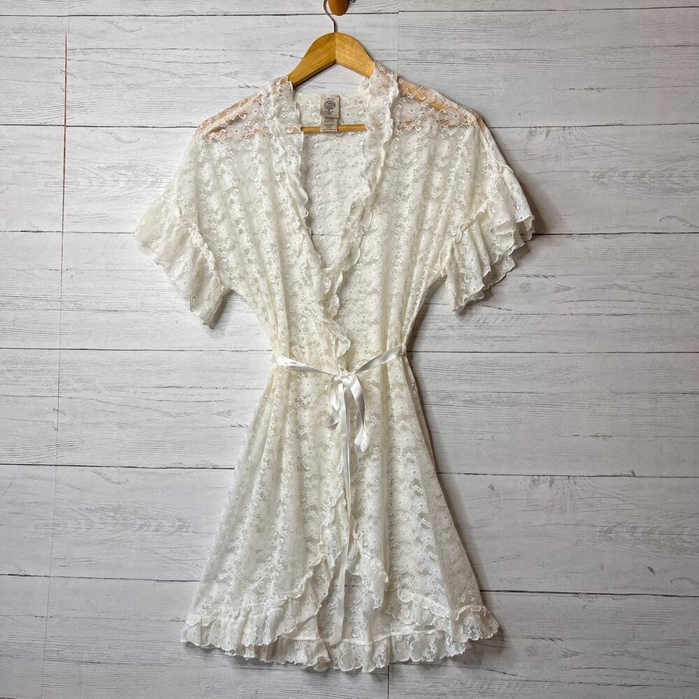 In Bloom by Jonquil Robe Womens Size Small Ivory Retro Lace Wrap Babydoll Floral